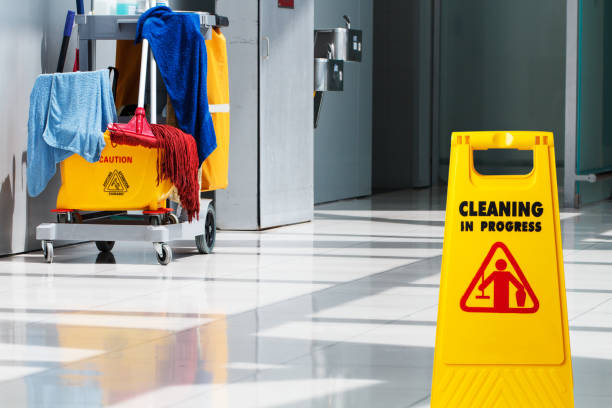 Janitorial and mop bucket on cleaning in process